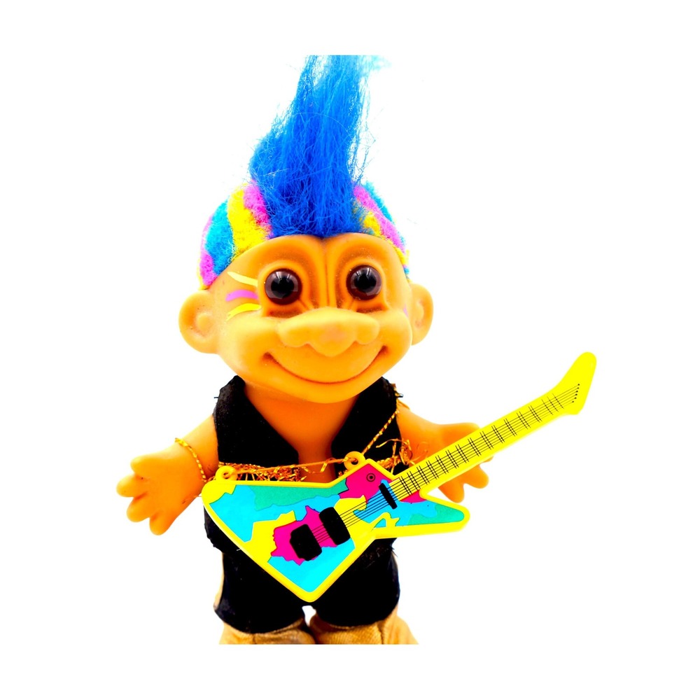 Vtg 90s Russ Troll Doll Punk Rocker Guitar Blue Mohawk Neon Good Luck Rock
